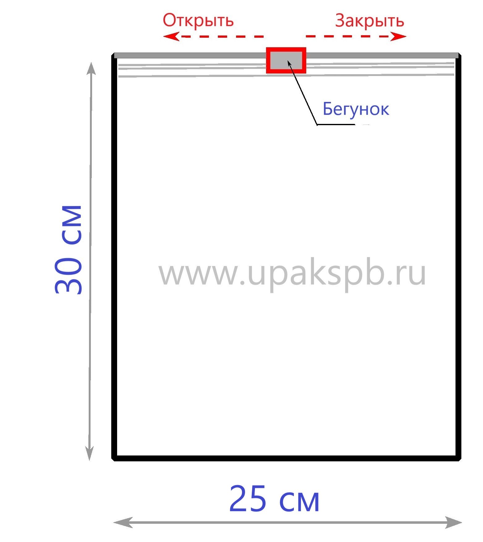 Схематичное изображение пакета с бегунком 25*30 см 