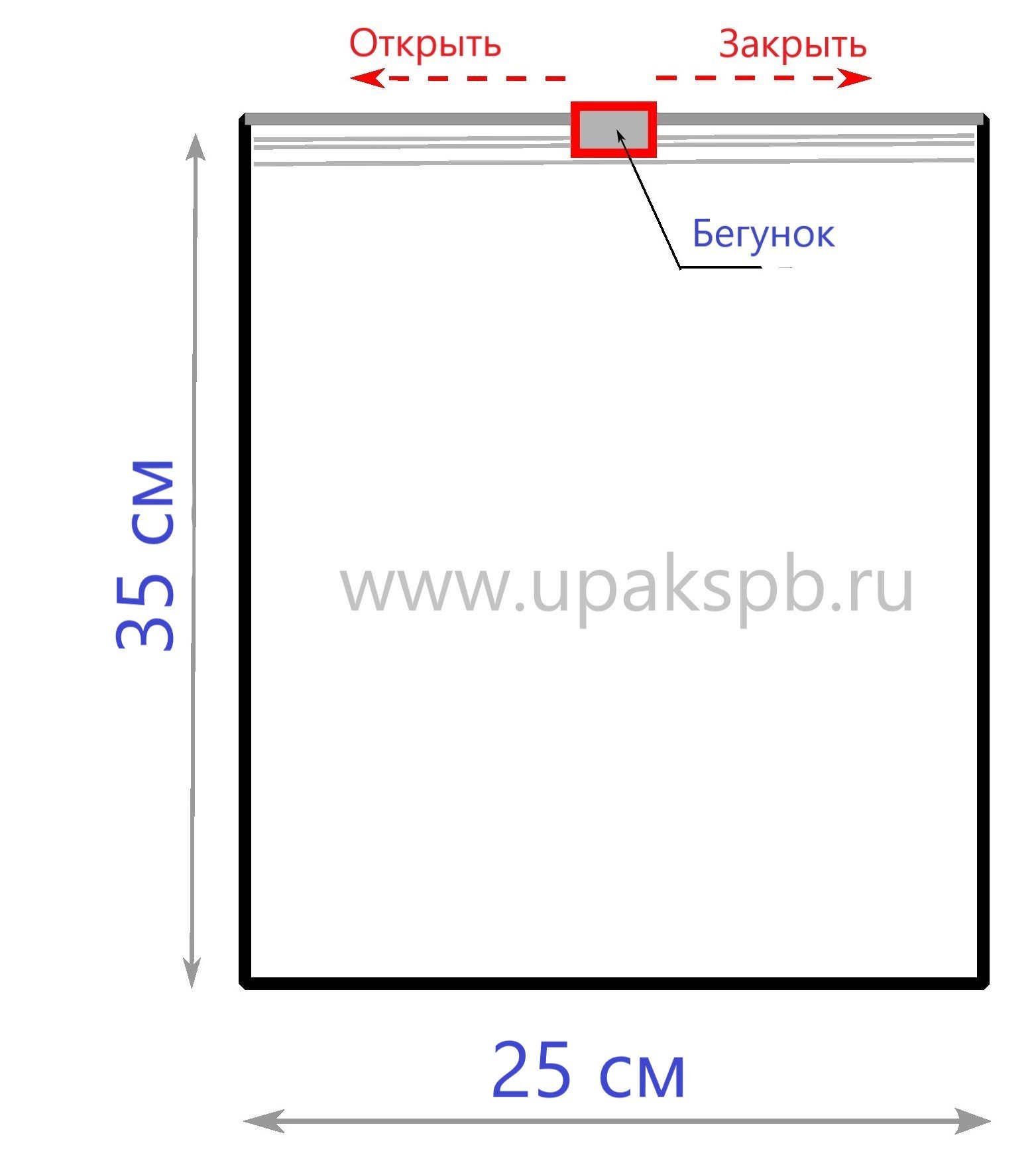 Схематичное изображение пакета с бегунком 25*35 см 