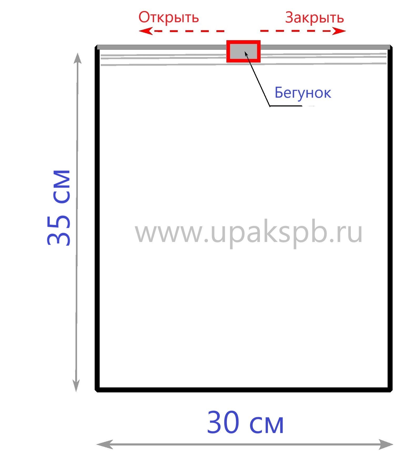 Схематичное изображение пакета с бегунком 30*35 см 